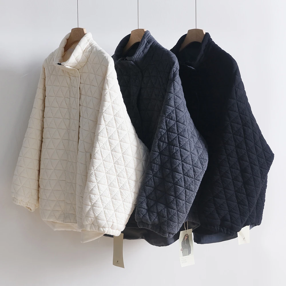菱形格立领夹棉外套 女2024秋冬新款夹棉加厚宽松棉衣上衣 4SP329