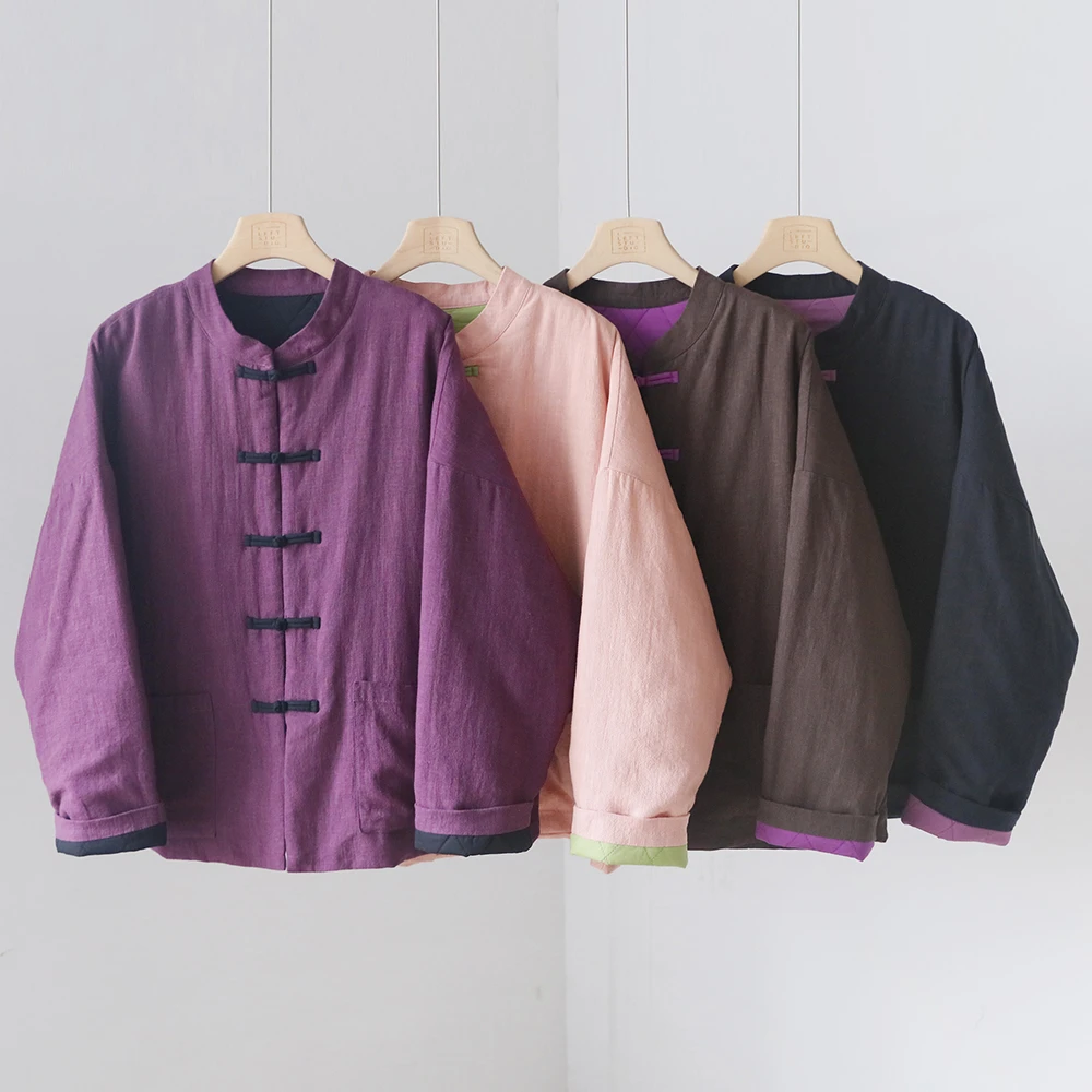 新中式国风夹棉加厚保暖苎麻棉衣 中长款盘扣棉服外套 4SP299A