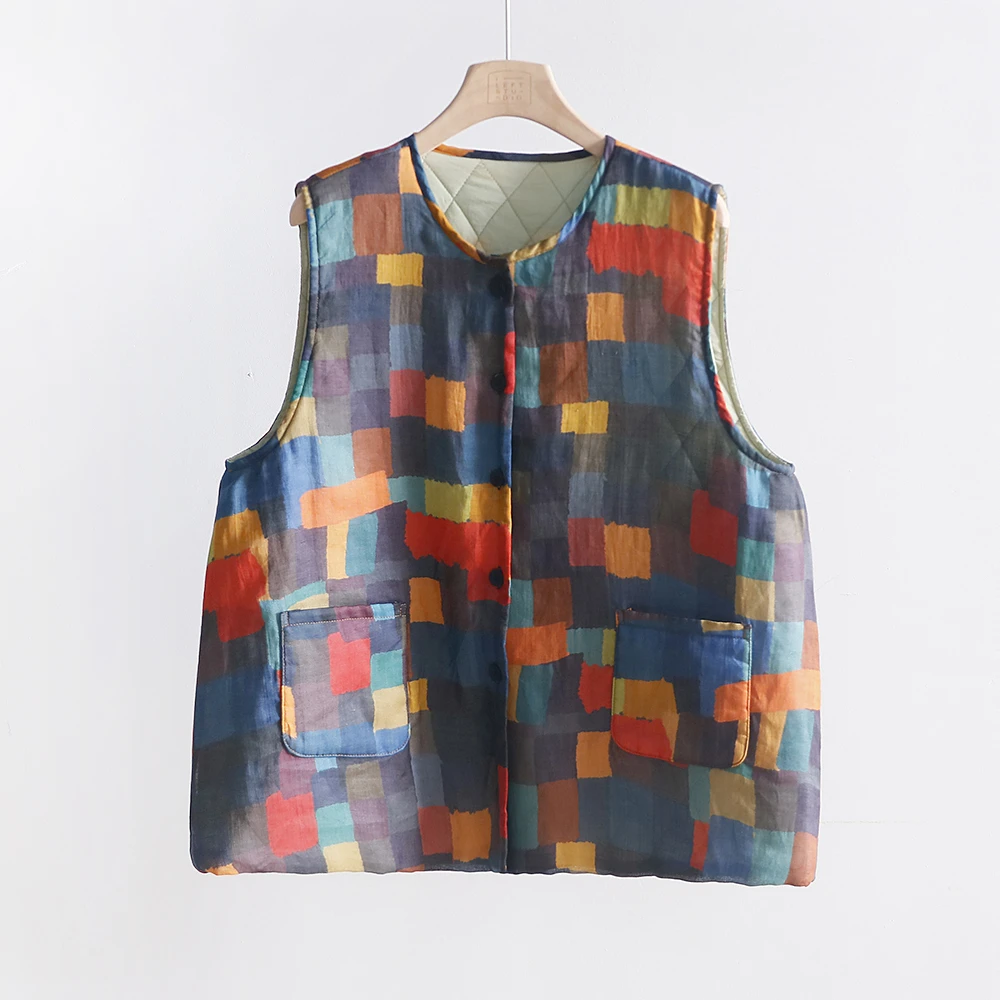 复古撞色彩格夹棉加厚马甲 百搭保暖无袖坎肩棉背心马夹 3SP16