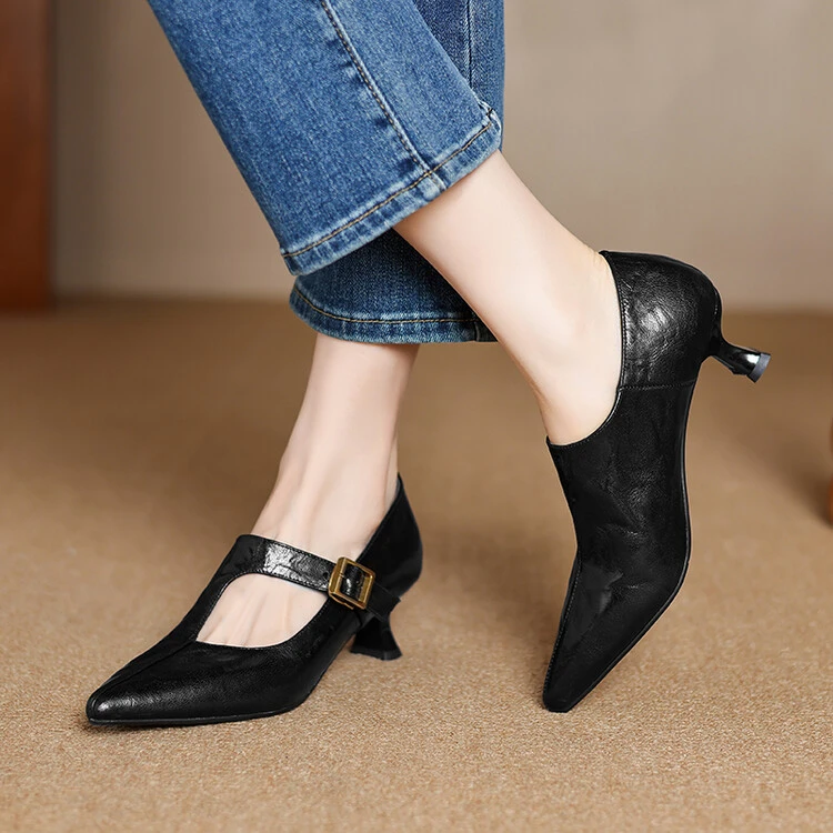 羊皮5mm 气质黑色真皮粗跟高跟尖头中跟跟鞋春秋时尚百搭软底复古