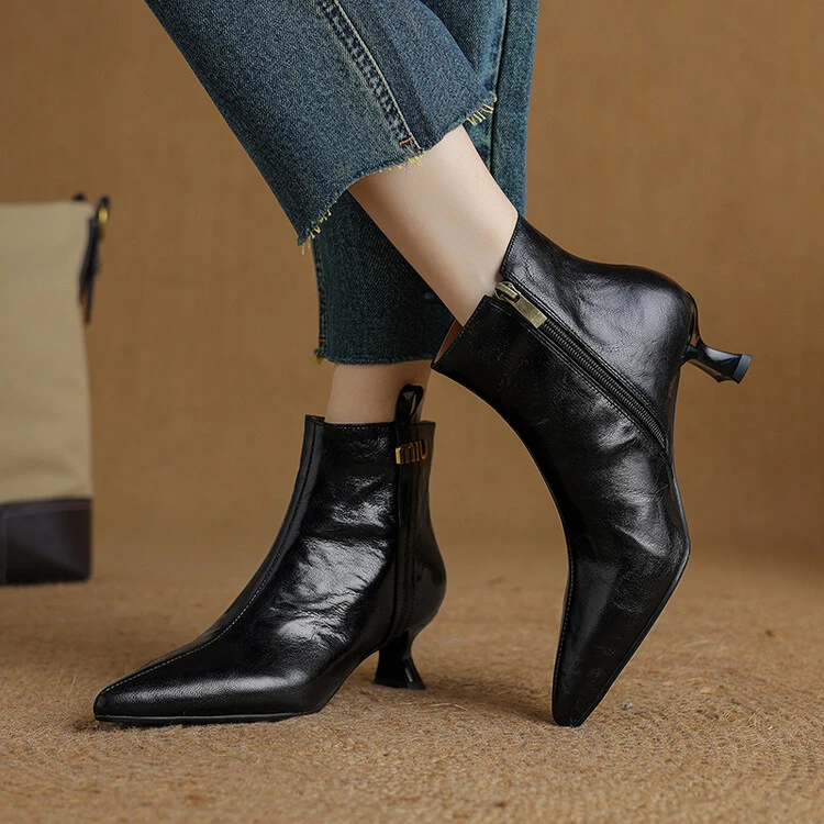 羊皮5cm 时尚百搭黑色真皮粗跟高跟尖头秋冬复古细跟中跟瘦瘦靴