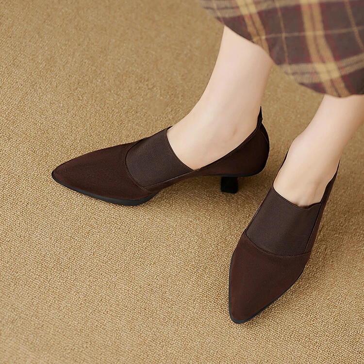 羊猄皮6.5cm 百搭黑色真皮软底粗跟高跟尖头中跟舒适春秋季