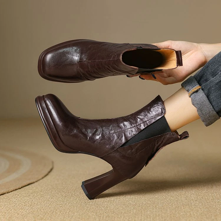 羊皮8.5公分 百搭真皮复古粗跟高跟秋冬瘦瘦靴时尚法式英伦风