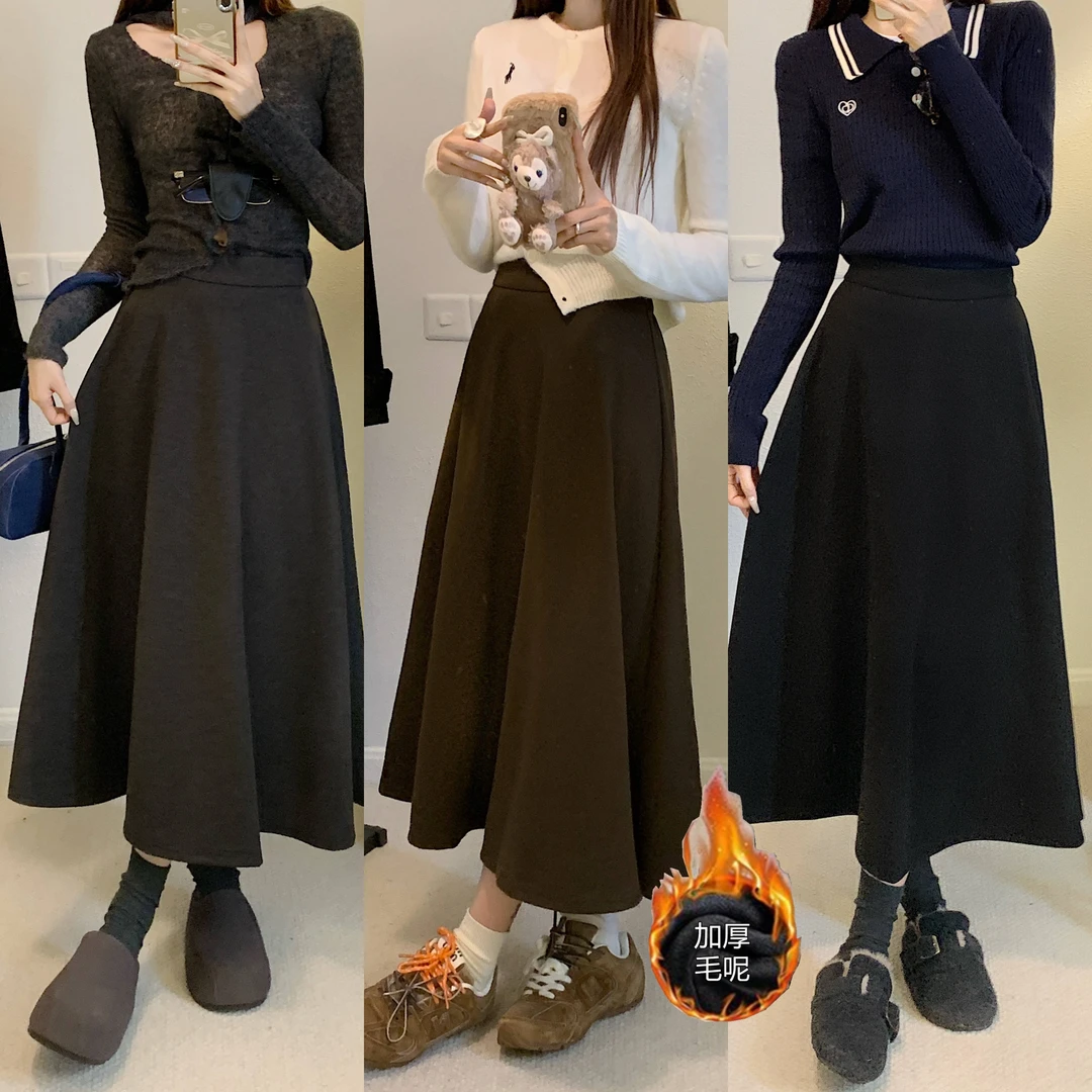 冬季女装韩式显瘦潮流高腰加厚毛呢半身裙-6746