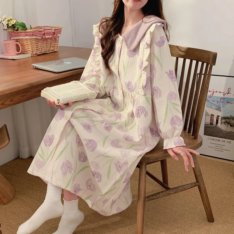 【9月-3月】秋冬季夹层空气棉睡裙孕妇哺乳加肥加厚孕期产后月子服