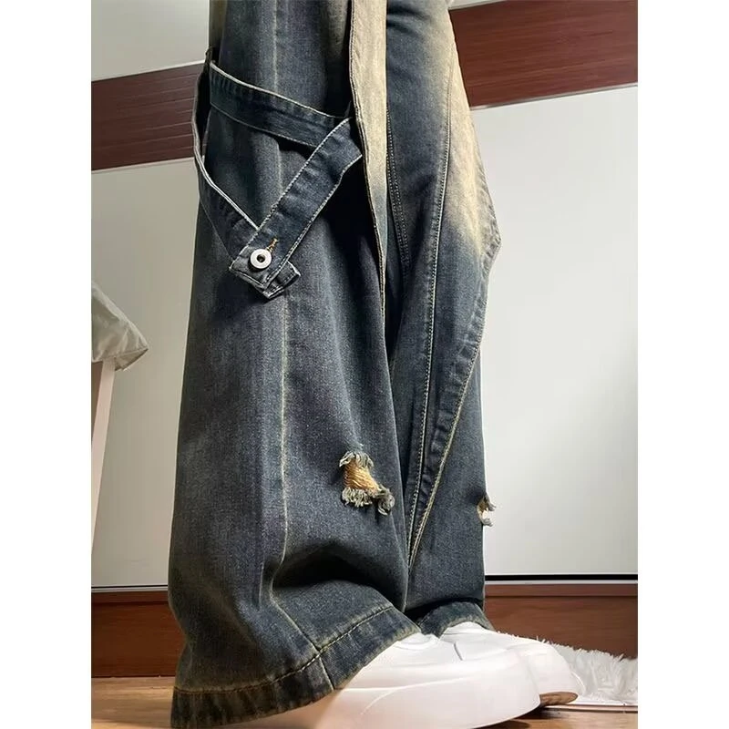 美式潮牌hiphop高腰牛仔裤男女春秋宽松设计感小众直筒阔腿长裤子