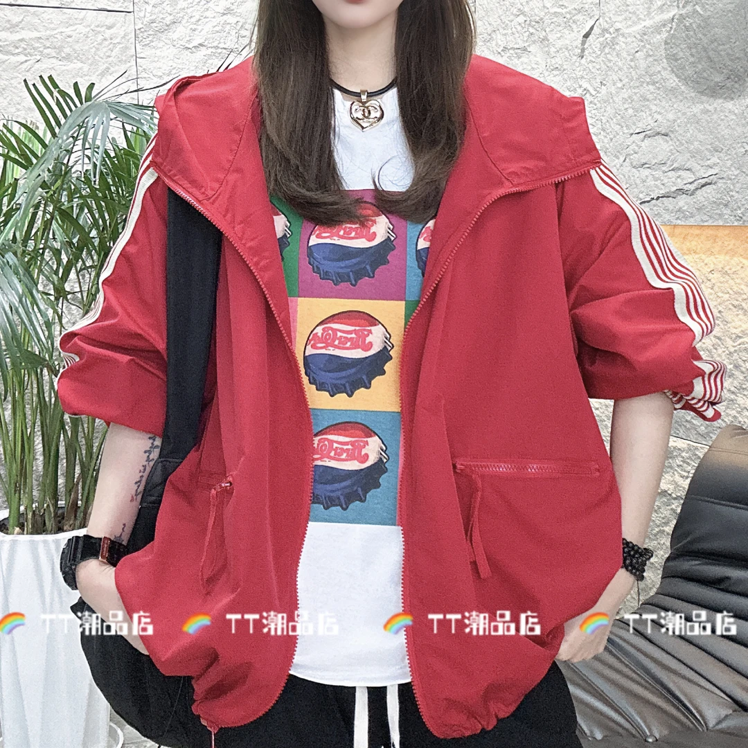 【TT潮品】秋季新款休闲宽松百搭韩版条纹拼色女款连帽外套5193