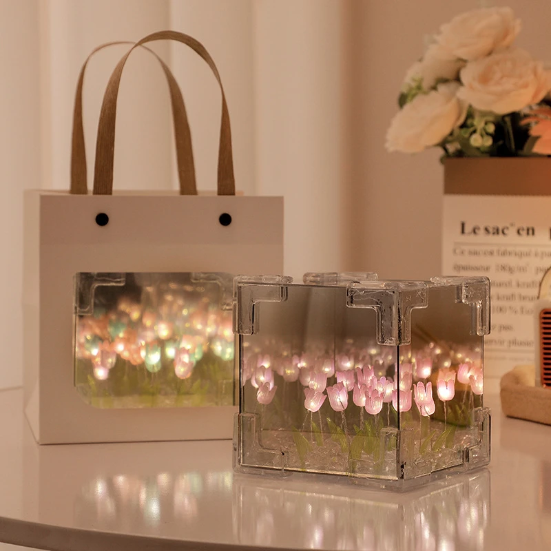 【diy材料包】花海魔方郁金香小夜灯创意桌面氛围灯装饰可爱礼物