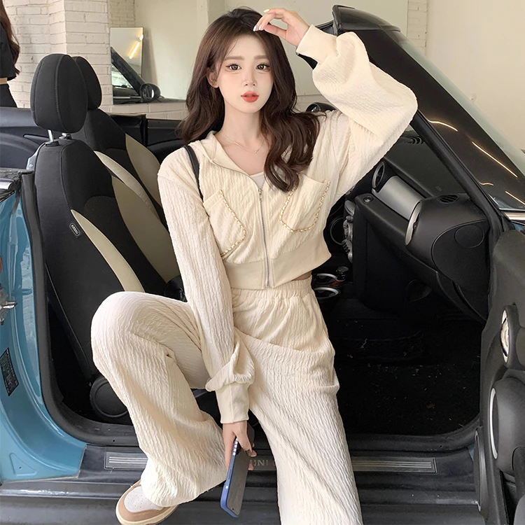 051秋季新款小香风休闲运动套装小个子盐系连帽卫衣阔腿裤两件套