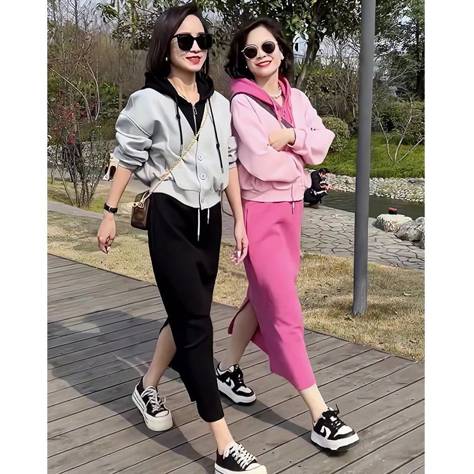 0057假两件连帽卫衣休闲半身裙套装女秋新款设计感时尚洋气两件套