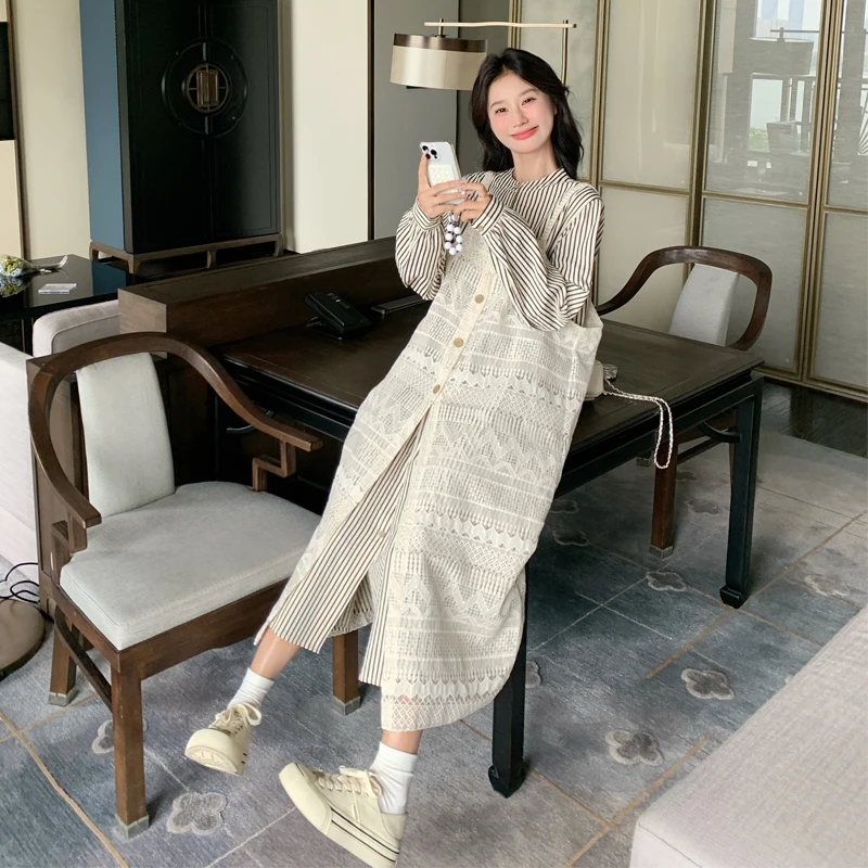 法式蕾丝镂空吊带罩衫套装裙女春秋2024新款条纹衬衫裙叠穿两件套
