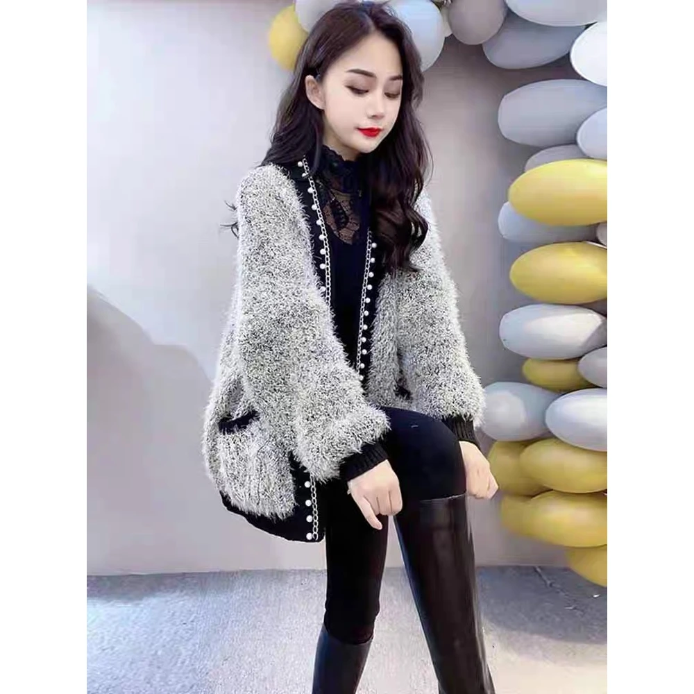 灰色小香风开衫2024秋冬新款亮丝水貂绒毛衣女宽松慵懒风针织外套