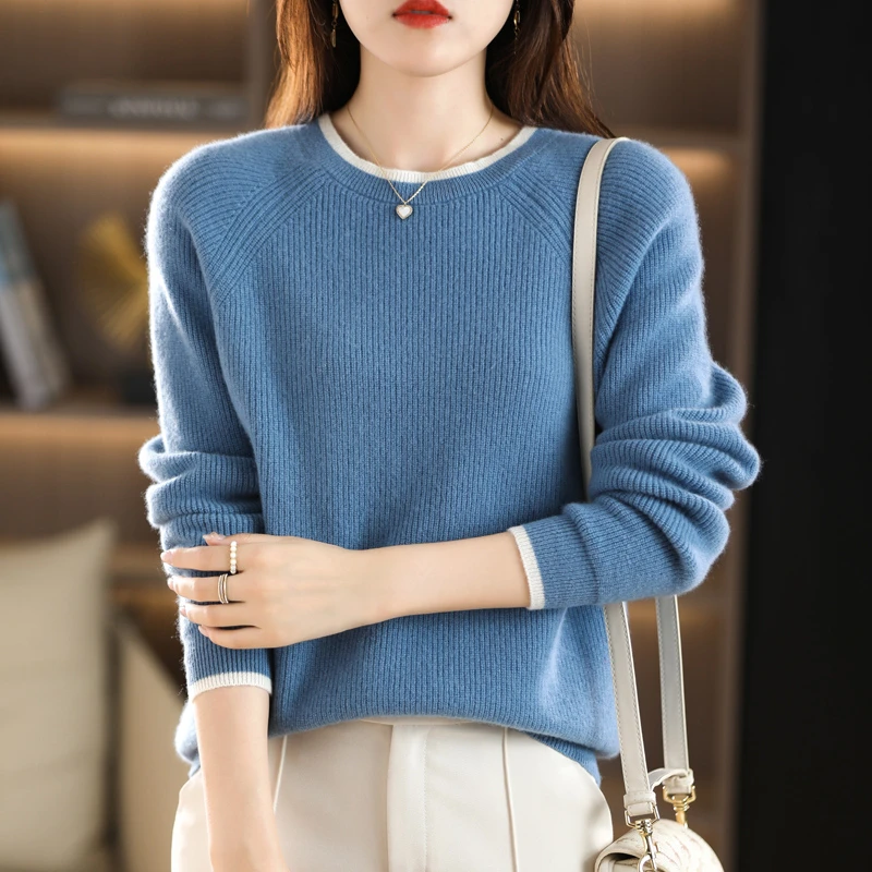 秋冬季加厚女士元宝针羊毛衫100%纯羊毛圆领针织衫长袖宽松打底衫