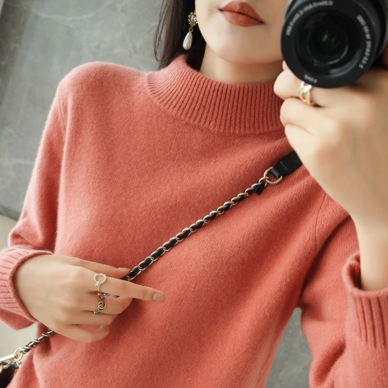 秋冬女士加厚半高领羊毛衫纯羊毛针织宽松纯色毛衣套头百搭打底衫