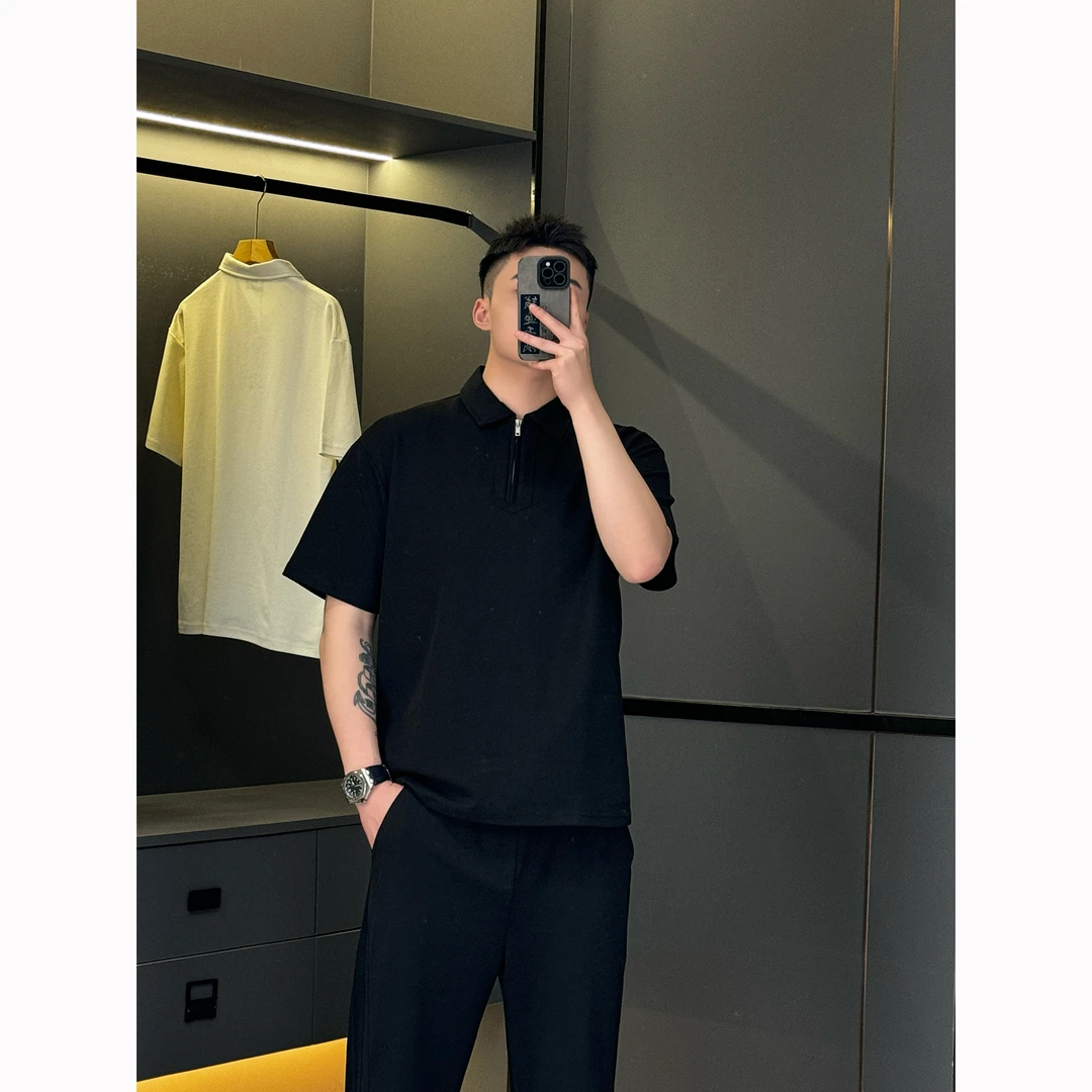 夏季休闲拉链POLO衫男青年纯色简约时尚透气百搭高级感上衣男9040