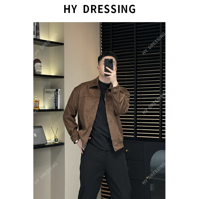 【HY穿搭】早秋休闲皮绒夹克男宽松翻领青年时尚百搭拉链外套男9060