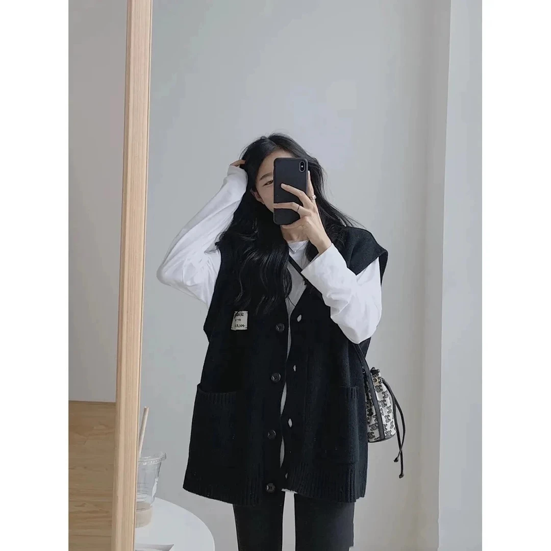 黑色针织开衫背心马甲女秋冬季2024新款坎肩上衣宽松外穿毛衣外套