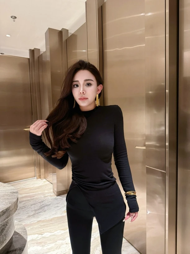 XIA.【迷你】羊绒混纺褶皱收腰加绒开衩上衣长袖女上衣内搭