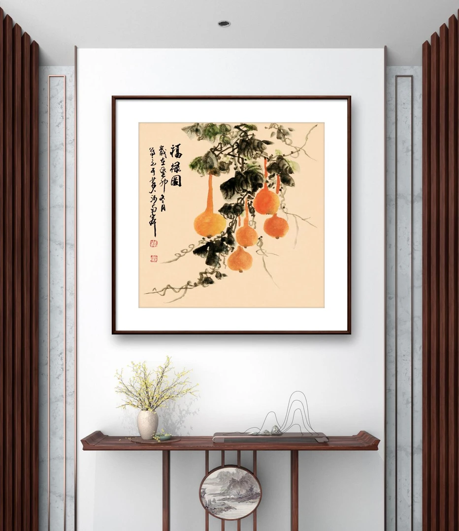 新中式实木带框装裱斗方《福禄图》B微喷复刻客厅书房卧室实木画框