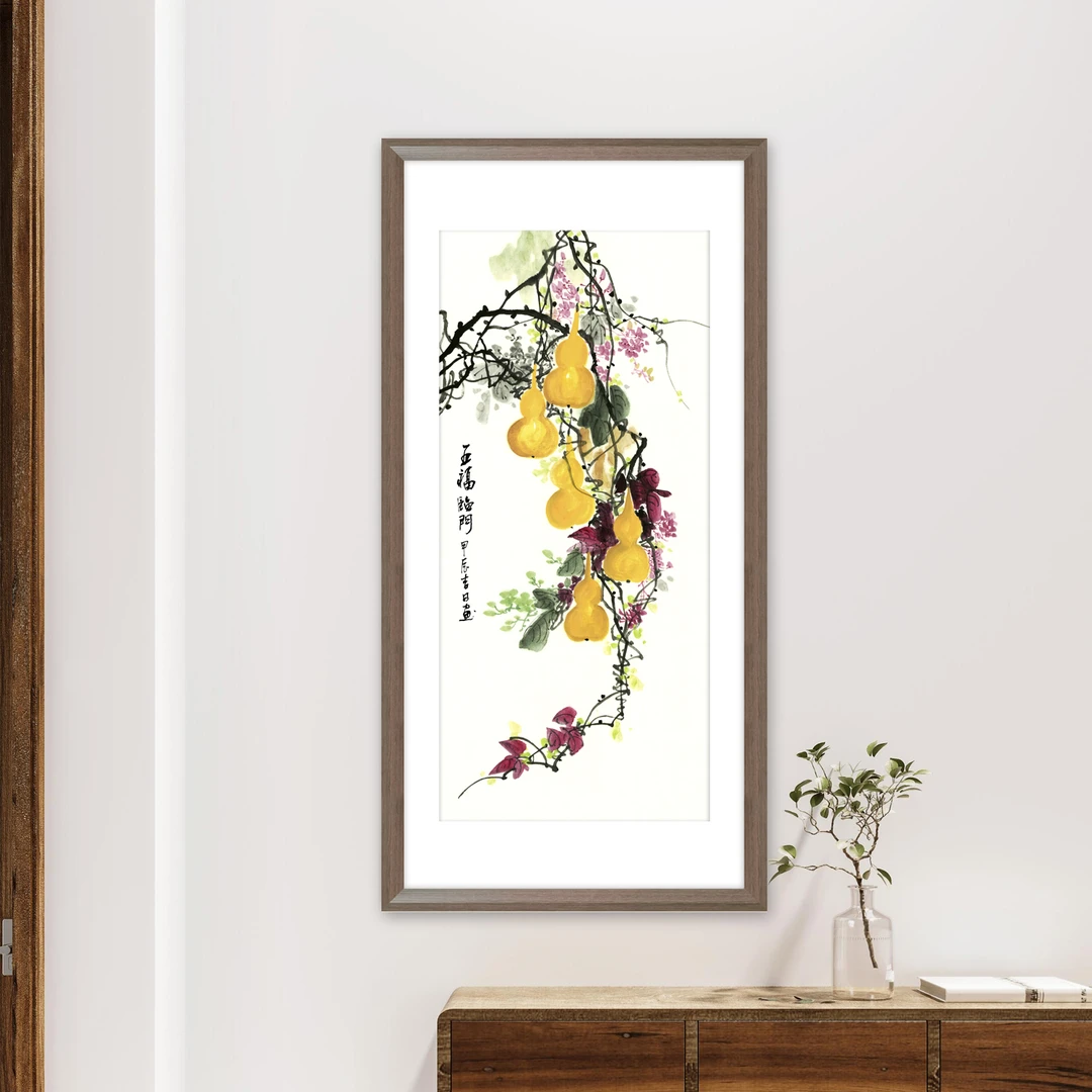 新中式带框装裱五福临门38*70实木边框微喷复刻装饰画