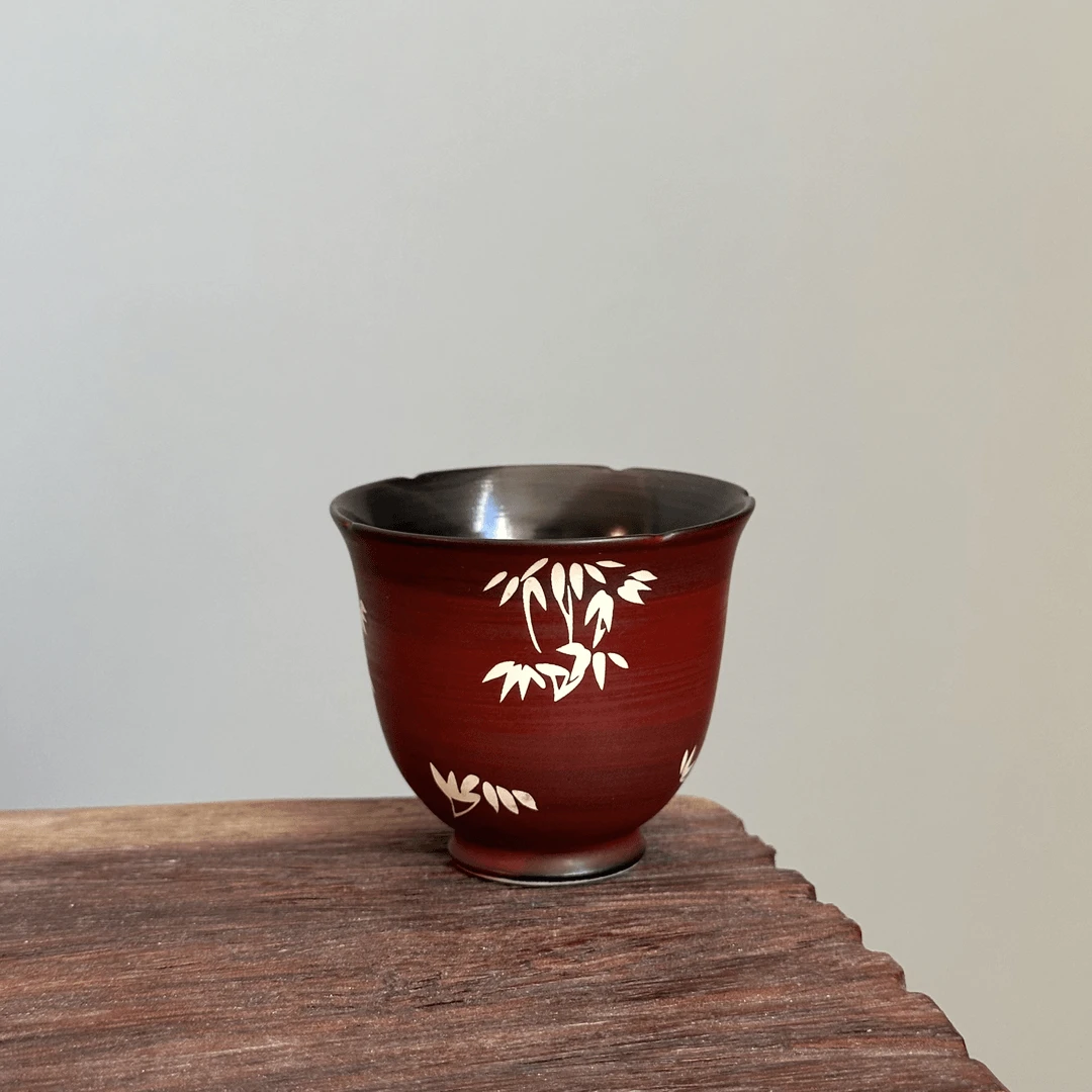 【粉引】手绘银竹花口杯.2421.山楂红茶杯陶瓷功夫茶具中式复古家用