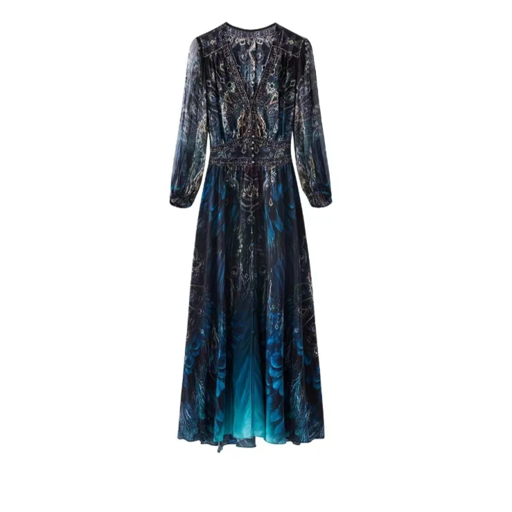 【飞哥女装】孔雀蓝优雅V领后腰打揽显瘦孔雀蓝连衣裙208079