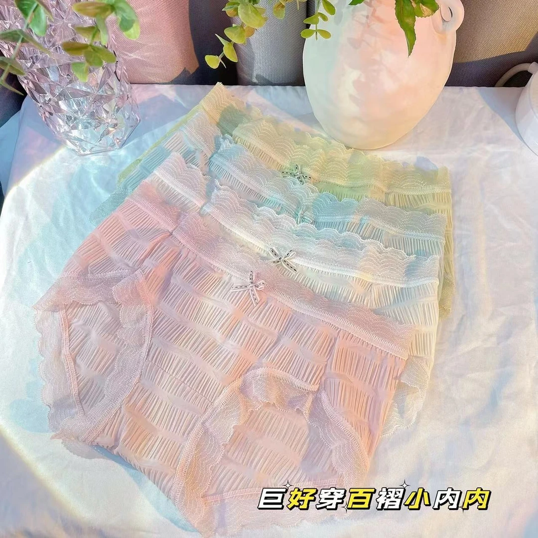 甜美百褶蕾丝泡泡少女内裤棉裆透气三角裤成人女士舒适性感条纹