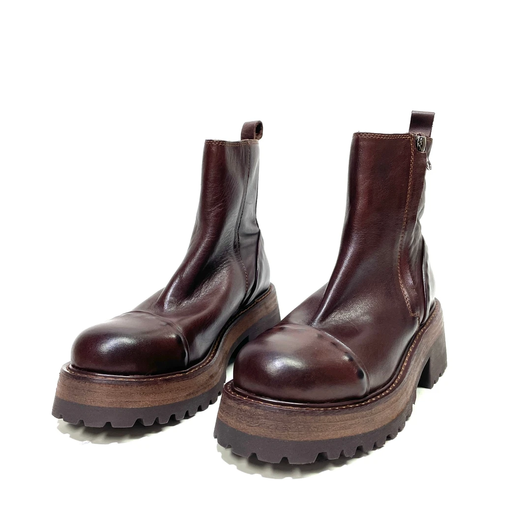 水洗马皮切尔西短靴女秋冬新款厚底棕色短靴烟筒靴显瘦靴子596-5