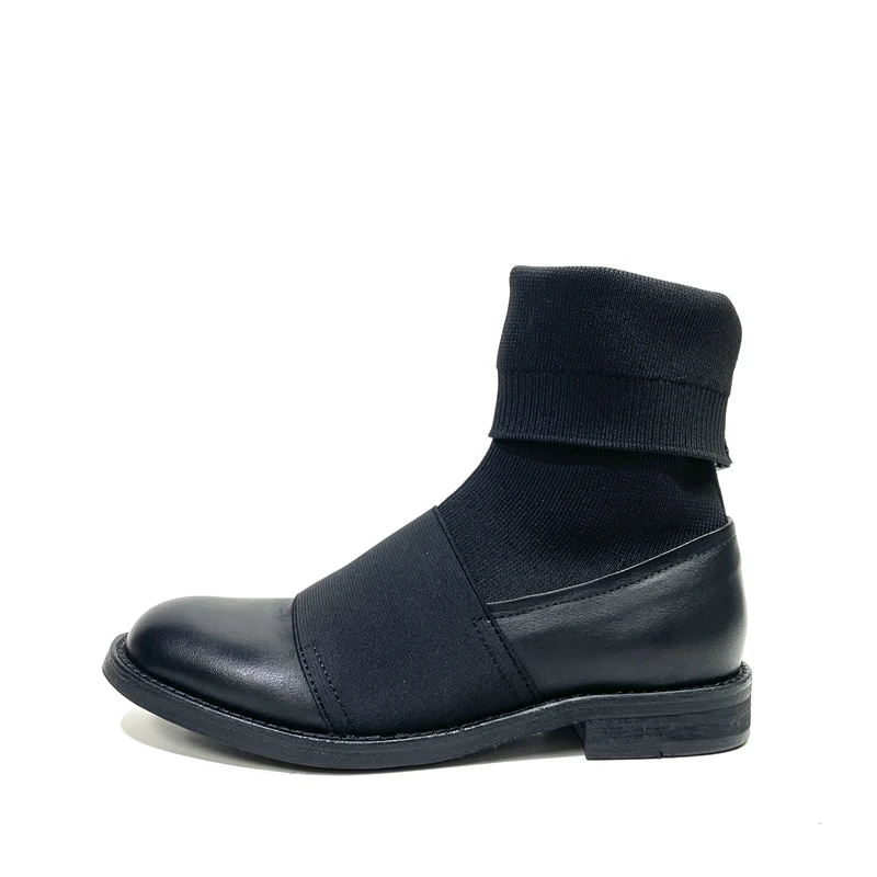 2024新款弹力靴平底瘦瘦靴真皮复古袜靴显瘦马丁靴女百搭202C-5