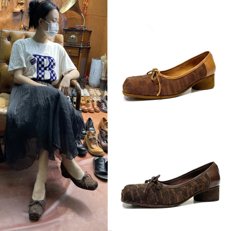 2025水洗马皮香云纱方头粗跟一脚蹬浅口单鞋女百搭真皮女鞋277-5