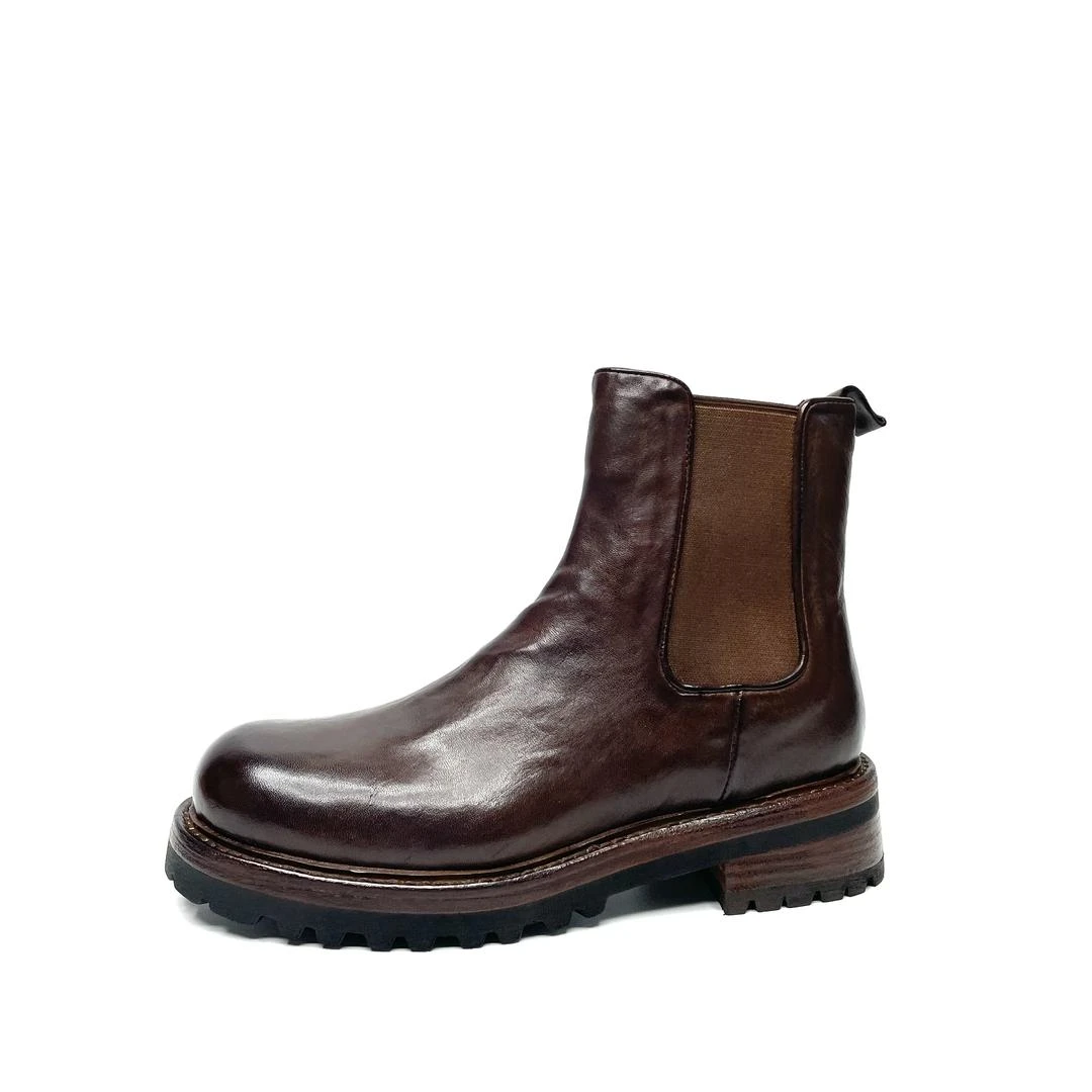 2023新款手工复古水洗马皮厚底切尔西靴女粗跟皮底短靴女N8189-3