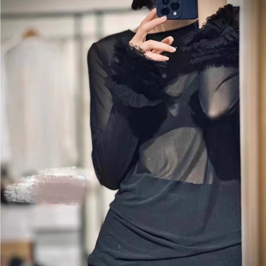 设计师款 黑色薄纱衣软糯亲肤圆领打底衫慵懒透视罩衫长袖上衣