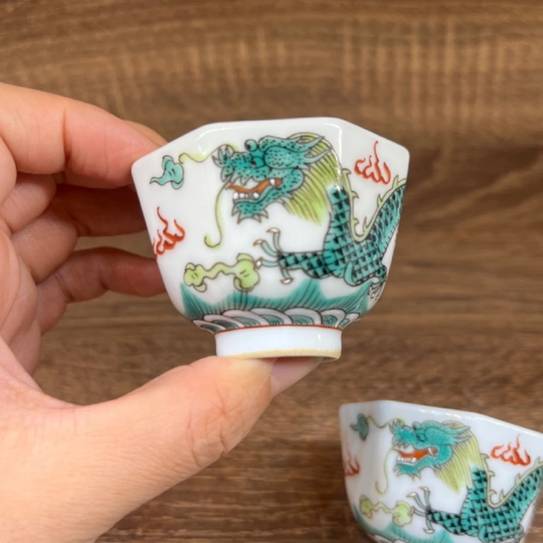 创汇库存手工手绘游龙陶瓷珐琅彩海水八方杯主人杯茶杯家用茶具