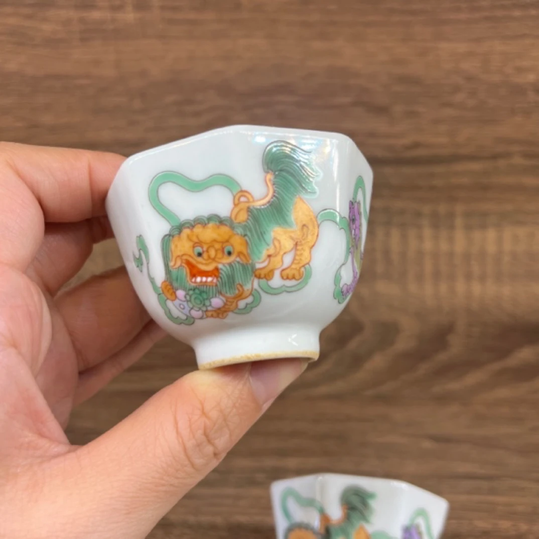 创汇时期库存陶瓷珐琅彩瓷器手绘古彩醒狮八方杯茶杯白瓷茶具家用