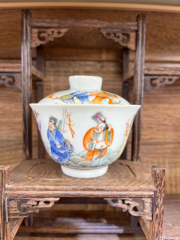 景德镇创汇时期手绘粉彩八仙过海纯手工白瓷盖碗高档茶盖碗茶具