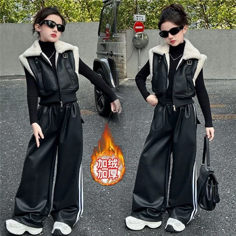 女童秋冬加绒加厚三件套2024冬季新款时髦洋气中大童冬装潮酷套TZ