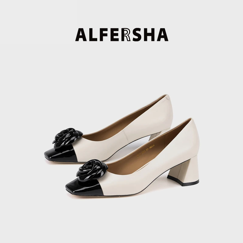 2025春款四季单鞋阿芙莎923618百搭山茶花方头中跟单鞋