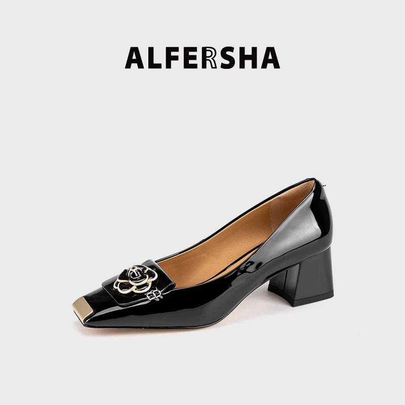 2025春款四季单鞋阿芙莎9236129山茶花时尚简约方头粗跟单鞋D