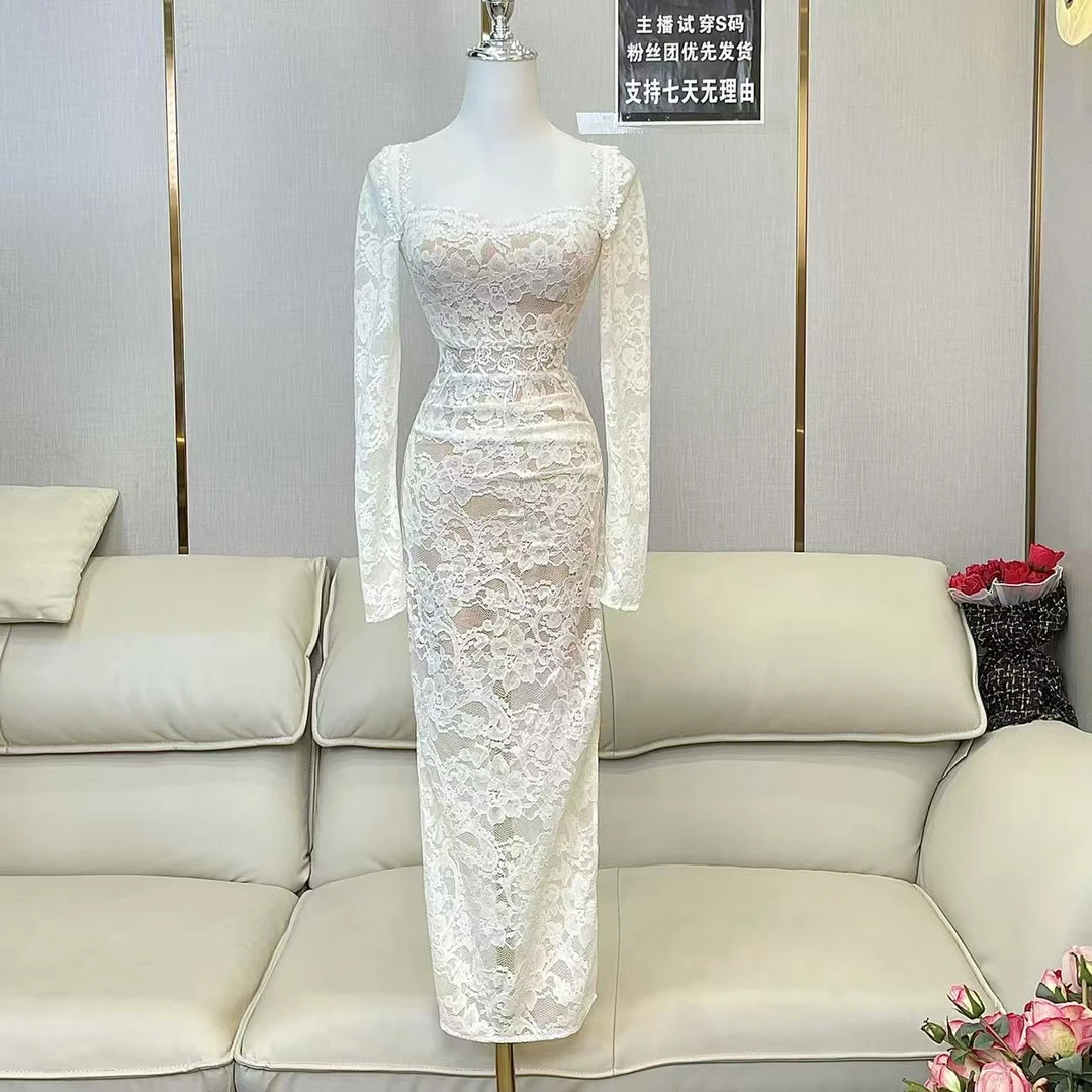 BECHARMING「赫斯蜜语」时尚气质修身显瘦蕾丝长袖连衣裙Q0889