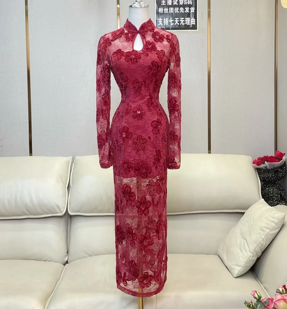 BECHARMING「繁花落雁」时尚气质网红显瘦复古蕾丝连衣裙Q0870