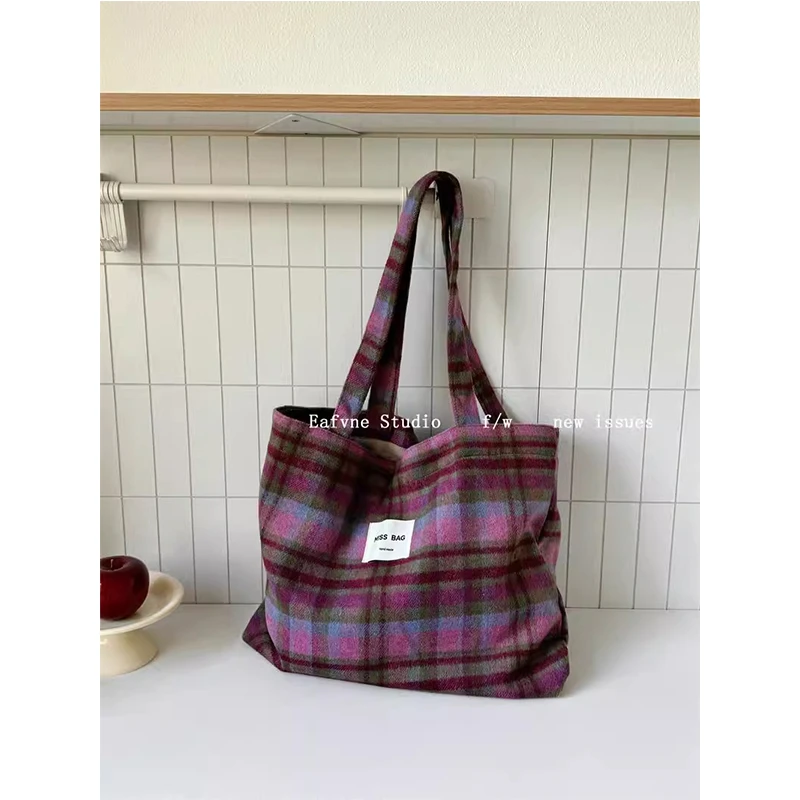 古早慵懒风英伦格子托特包秋冬复古包包女大容量手提格纹单肩包