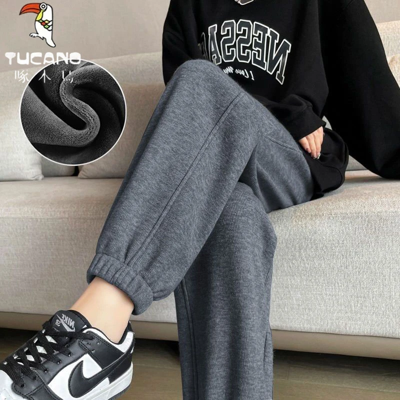 啄木鸟秋冬韩版新款加绒束脚运动裤女外穿显瘦加厚保暖休闲灯笼裤