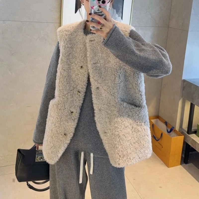 皮毛一体羊羔毛马甲外套女秋冬新款宽松百搭慵懒叠穿休闲马夹上衣