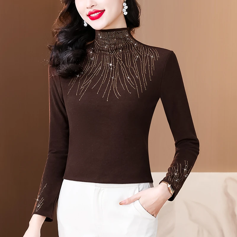 半高领气质长袖T恤女秋冬新款加绒加厚内搭打底衫高级感显瘦上衣