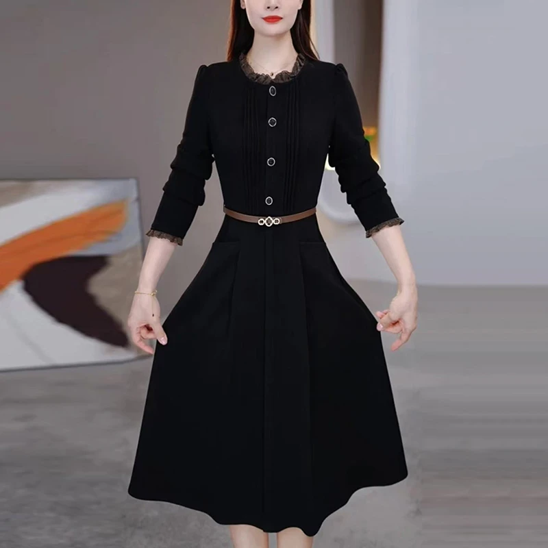 法式复古收腰显瘦连衣裙女秋冬新款休闲减龄妈妈遮肚中长款a字裙