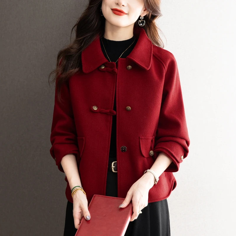 新中式盘扣短款本命年外套女春季新款超好看减龄妈妈红色呢子大衣