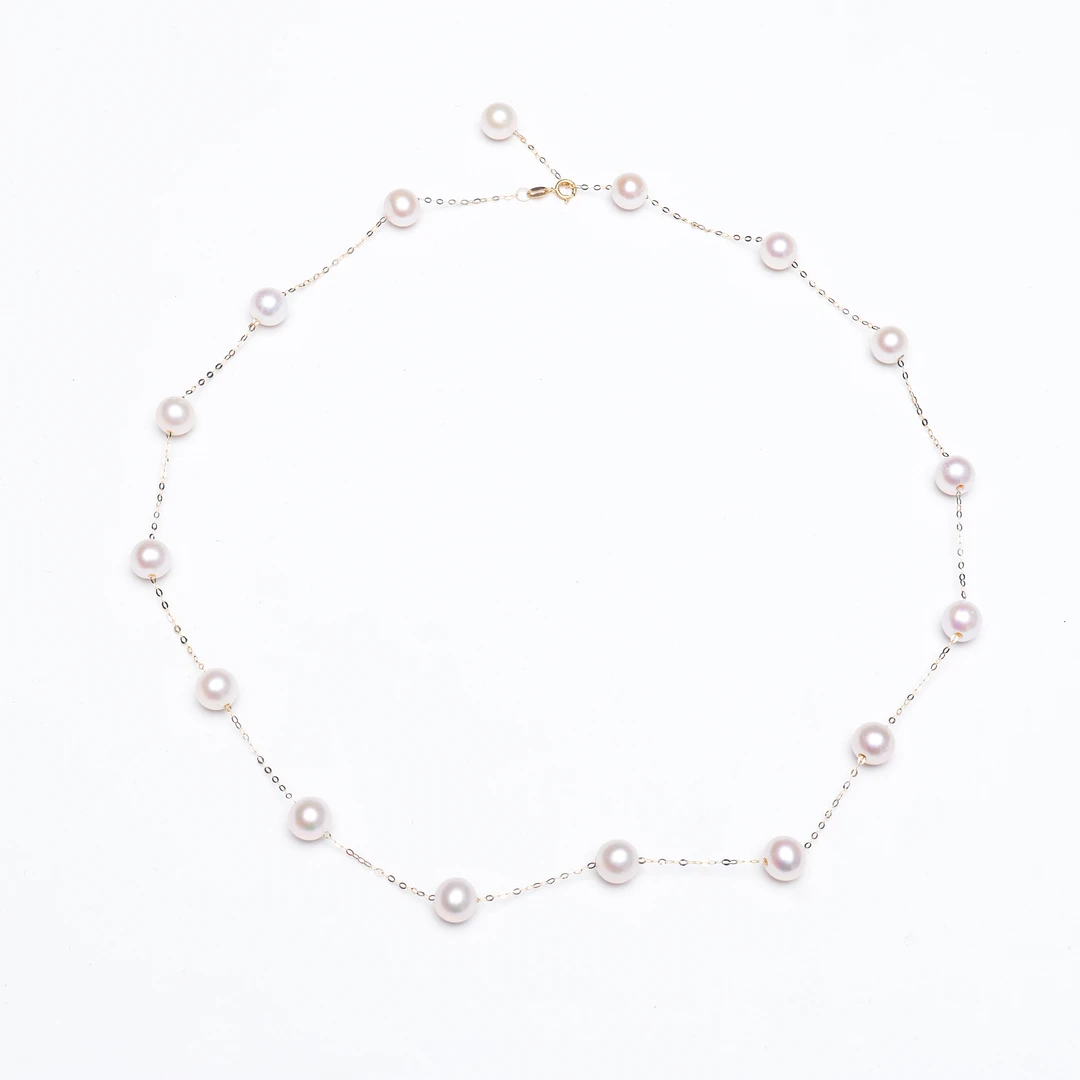 【慢姐甄选】18K金正圆无暇白色设计师款满天星淡水珍珠项链6-8MM