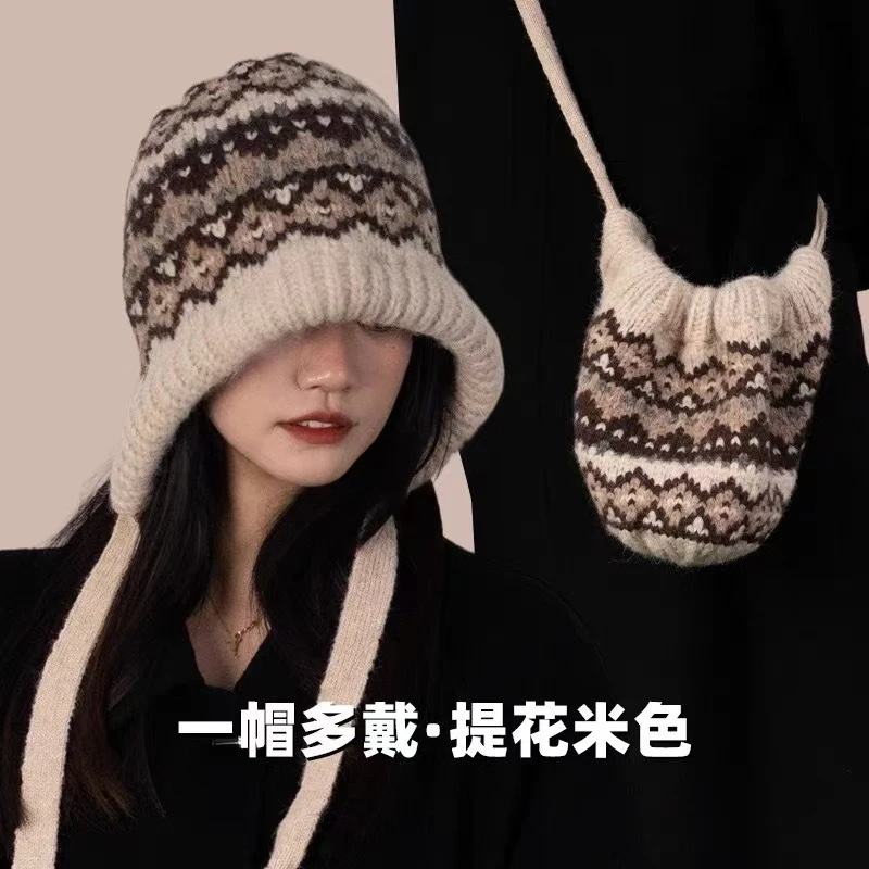 包包帽大头围毛线帽女秋冬可爱包头帽绑带巴拉克拉法帽毛绒针织帽