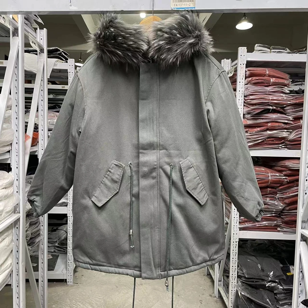 MY32-H区情侣港风宽松版水洗棉连帽（毛领可拆卸）中长款派克服棉衣