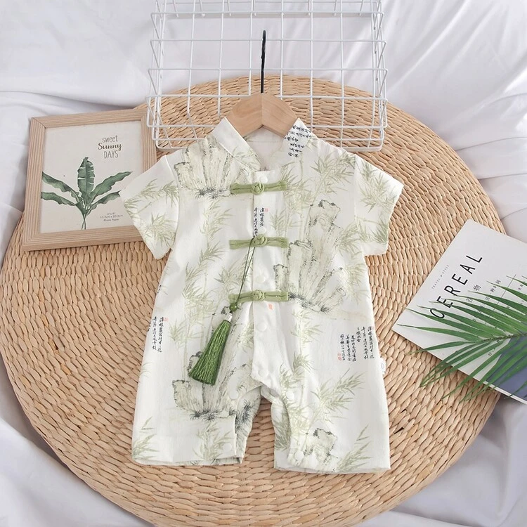 婴幼儿夏季薄款国风流苏盘扣外出爬爬服男宝宝中式风满月周岁礼服